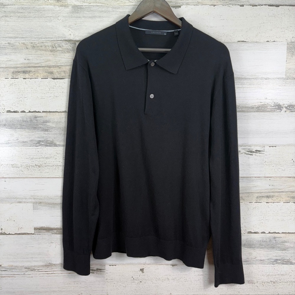 Greyson Mens XL Black Long Sleeve Knit Polo Lightweight Sweater Wool Silk Blend‎
